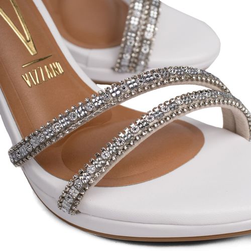 Sandália Feminina Vizzano Salto Alto Tiras com Strass Branco