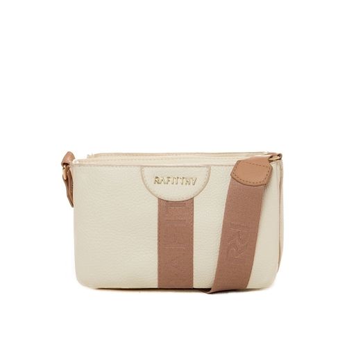 Bolsa Feminina Rafitthy Transversal com Três Repartições e Logo Pequena Off White/Caramelo