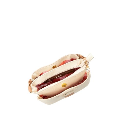 Bolsa Feminina Rafitthy Transversal com Três Repartições e Logo Pequena Off White/Caramelo