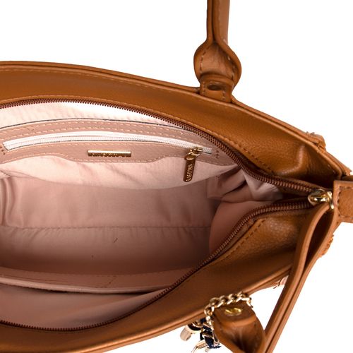 Bolsa Feminina Rafitthy Tote Zíper e Logo com Adereços Média Caramelo