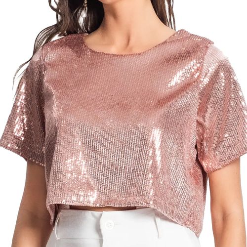 Blusa Cropped Feminina Rovitex Endless Em Paetê Rose