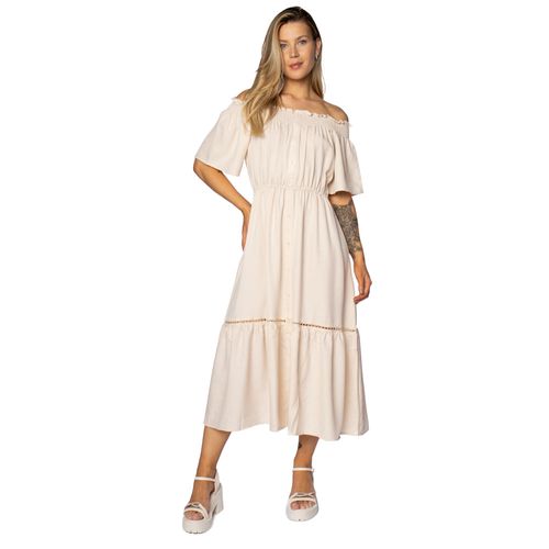 Vestido Midi Feminino Facinelli Ombro a Ombro Bege