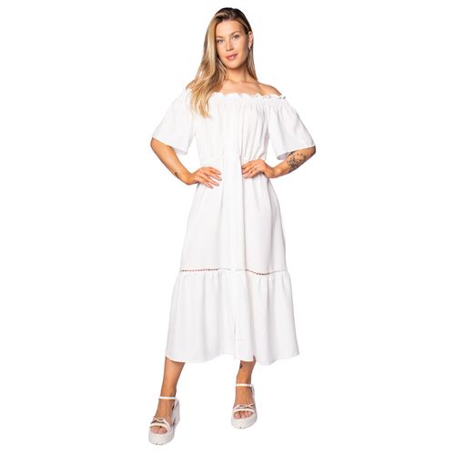 Vestido Midi Feminino Facinelli Ombro a Ombro Branco