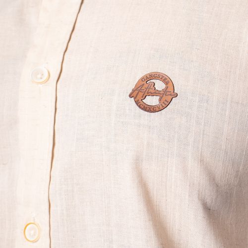 Camisa Masculina Gangster Manga Curta com Linho Bege