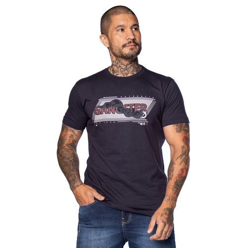 Camiseta Masculina Gangster Manga Curta Com Estampa Marinho