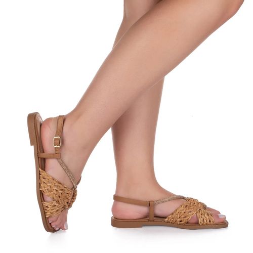 Sandália Rasteira Feminina Tanara Tramada com Strass Caramelo