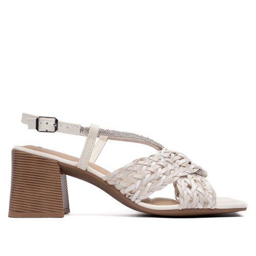 Sandália Feminina Tanara Salto Bloco Tramada com Strass Creme/Caramelo