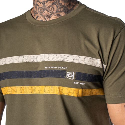 Camiseta Masculina Gangster Estampa com Listras Musgo