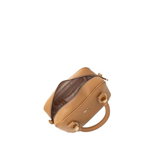 Bolsa Feminina Rafitthy Transversal Pequena Costuras e Logo Caramelo.