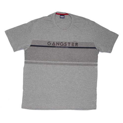 Camiseta Masculina Gangster Plus Size Manga Curta com Estampa Cinza Mescla