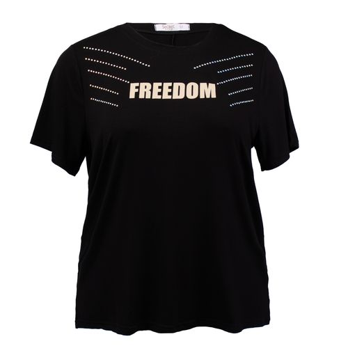 Camiseta Feminina Rovitex Plus Size Estampada Freedom com Pedrarias Preta