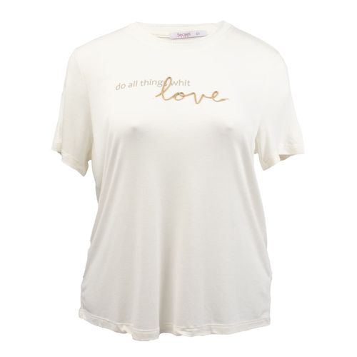Camiseta Feminina Rovitex Plus Size Manga Curta Detalhe Gola e Estampa Love Off White