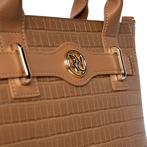 Bolsa Feminina Rafitthy Tote Média com Textura e Logo Caramelo
