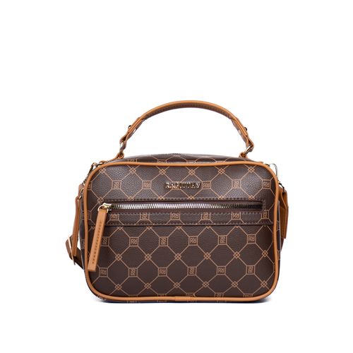 Bolsa Feminina Rafitthy Transversal Pequena Média com Monograma Marrom/Caramelo