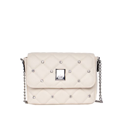 Bolsa Feminina Vizzano Napa Transversal Pequena Soft Strech em Matelassê com Correntes e Pedrarias Off White