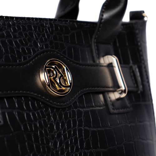 Bolsa Feminina Rafitthy Tote Média Croco e Logo Preto