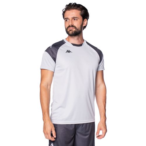 Camiseta Masculina Kappa Sammy Estampa nos Ombros Cinza Claro/Preto