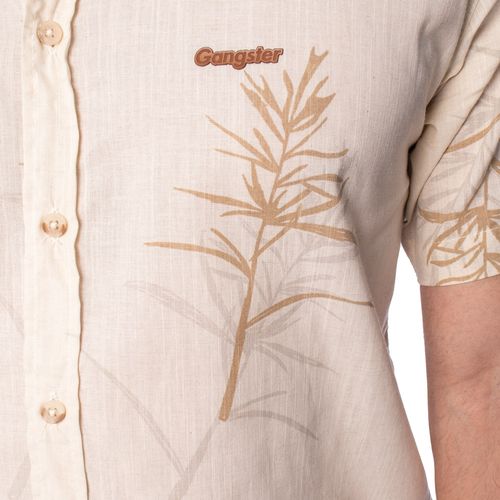 Camisa Masculina Gangster Manga Curta com Estampa de Linho Bege