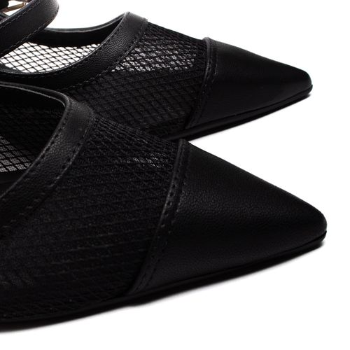 Scarpin Feminino Bebecê Salto Fino Semi Aberto com Fivela e Tela Preto