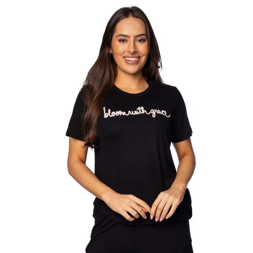 Camiseta Feminina Rovitex Bordado Bloom With Grace Preto