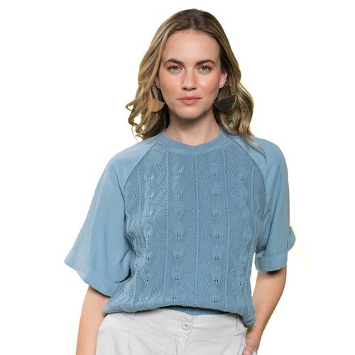 Blusa Feminina Biamar com Mangas Dobradas e Tricot Azul Claro