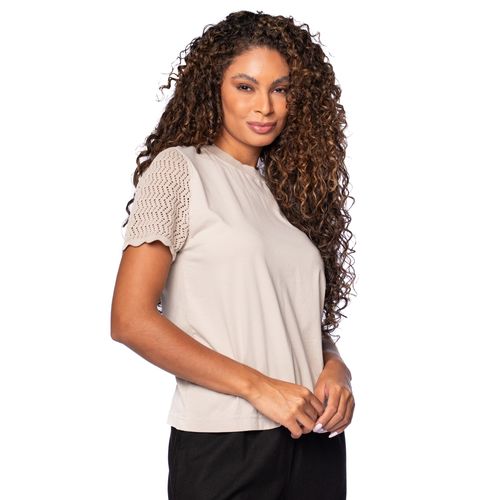 Blusa Feminina Biamar de Algodão e Mangas em Tricot Bege Claro