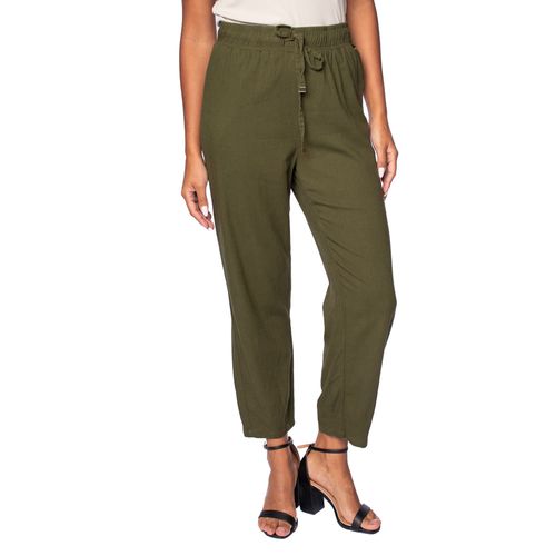 Calça Feminina Biamar Reta de Linho com Elástico Verde Escuro