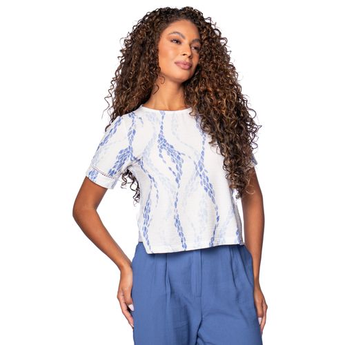 Blusa Feminina Olho Fatal Estampa e Mangas com Renda Branco/azul