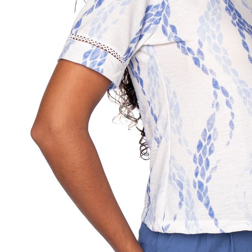 Blusa Feminina Olho Fatal Estampa e Mangas com Renda Branco/azul