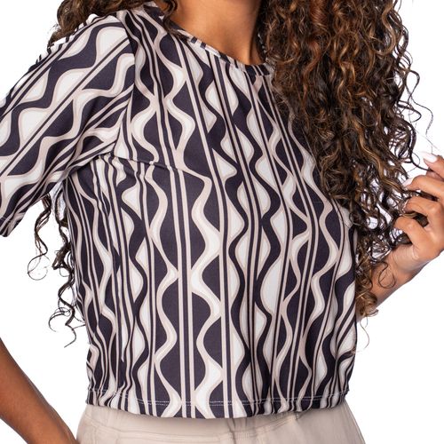 T-Shirt Cropped Feminina Olho Fatal com Estampa Preto/bege