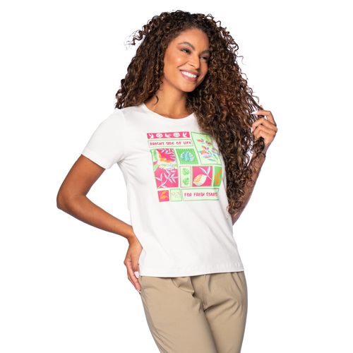 T-Shirt Feminina Rovitex Estampa com Pedrarias Off White