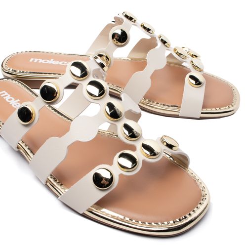 Rasteira Feminina Moleca Tiras com Metais Off White/dourado