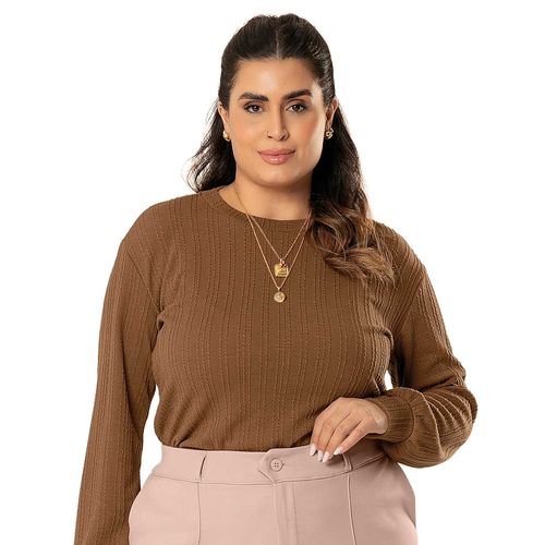 Blusão Feminino Cativa Plus Size Textura de Tricô Caramelo