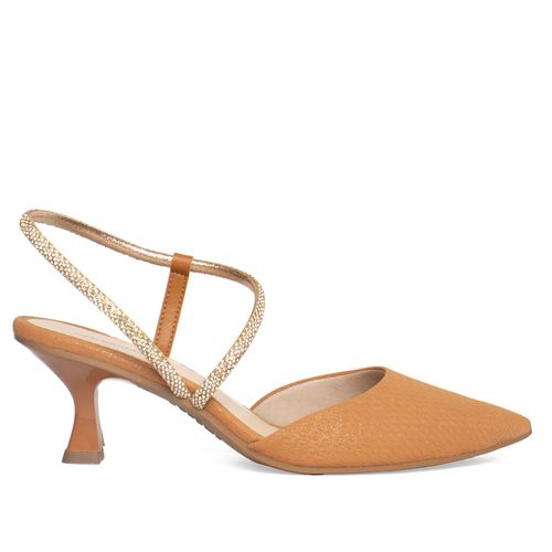 Sapato Mississipi  Salto Baixo Bico Fino Tramado Caramelo