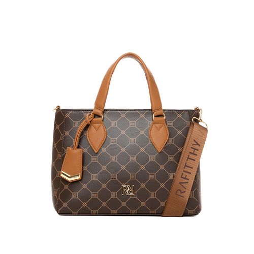 Bolsa Feminina Rafitthy de Mão Transversal Monograma Marrom/Caramelo