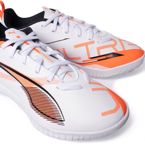 Chuteira Society Infantil Puma Ultra 5 Play It Branco/Laranja