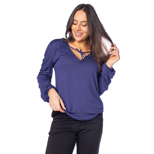 Blusa Feminina Rovitex Manga Longa Decote V com Amarração Azul