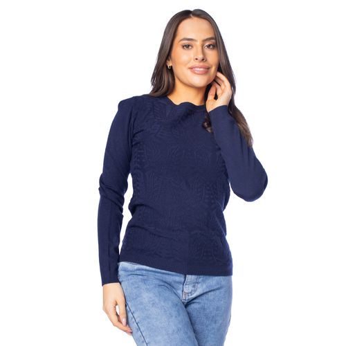 Blusa Feminina Facinelli Tricot Padronagem Folhas Marinho