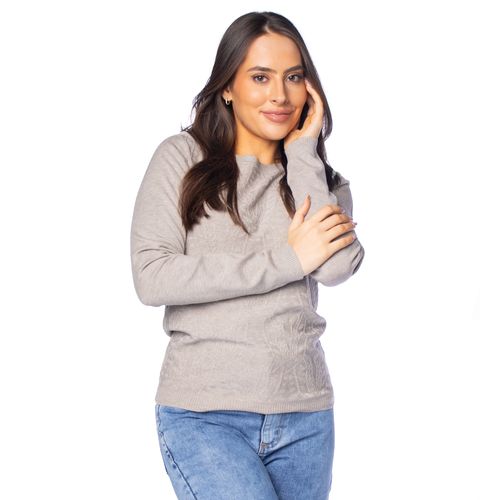 Blusa Feminina Facinelli Tricot Padronagem Folhas Cinza