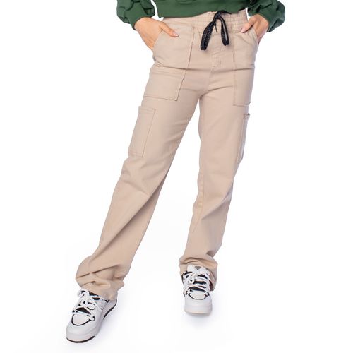 Calça Sarja Feminina Max Denim Wide Leg Bolsos Cargo Bege