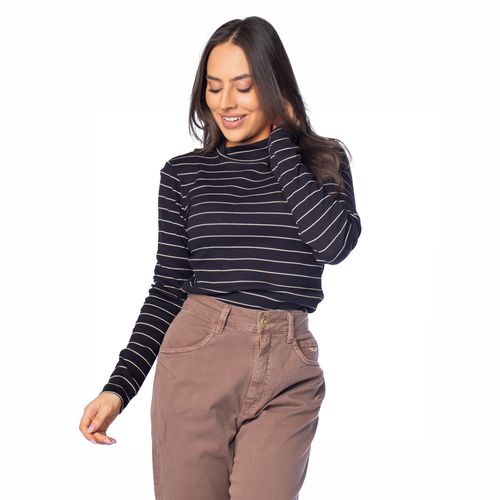 Blusa Feminina Rovitex Manga Longa Listrada Preta