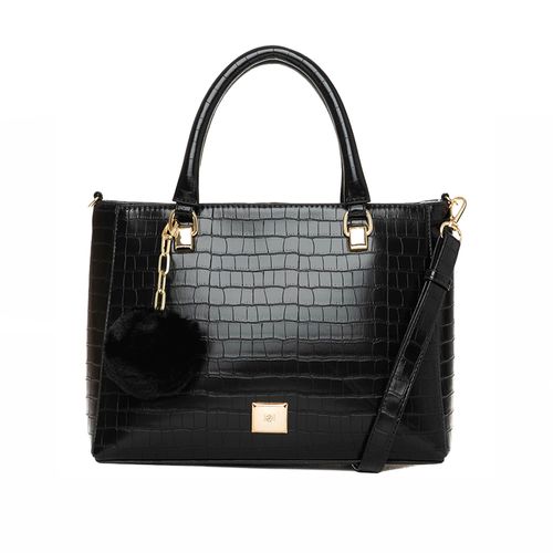 Bolsa Feminina Rafitthy Tote Média Croco com Pompom Preto