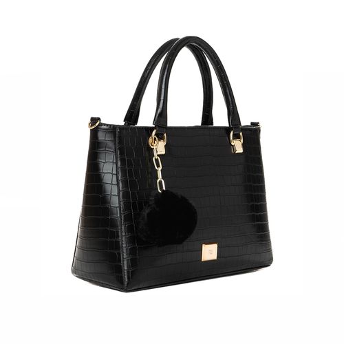 Bolsa Feminina Rafitthy Tote Média Croco com Pompom Preto