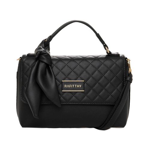 Bolsa Feminina Rafitthy Transversal Pequena com Laço e Costuras Preto