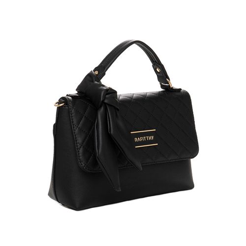 Bolsa Feminina Rafitthy Transversal Pequena com Laço e Costuras Preto