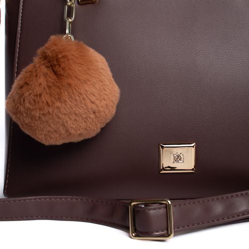 Bolsa Feminina Rafitthy Tote Média com Pompom Marrom Escuro
