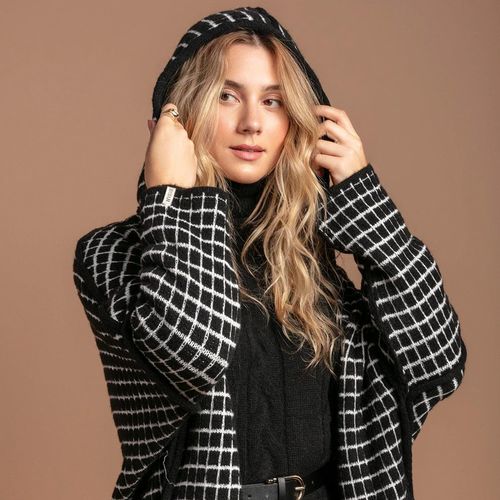 Casaco Feminino Biamar Tricot Reversível Capuz Preto/Branco