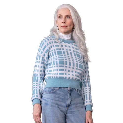 Blusa Feminina Biamar Tricot Padrão Geométrico Azul/Branco