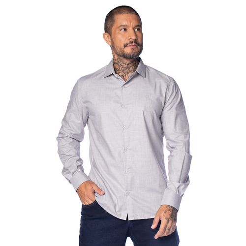 Camisa Masculina Pitt Slim Fit Punho Chanfrado Cinza Mesclado