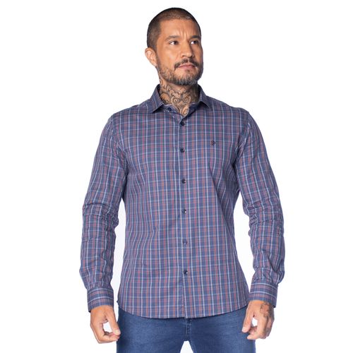 Camisa Masculina Pitt Slim Manga Longa Algodão Azul/Vermelho